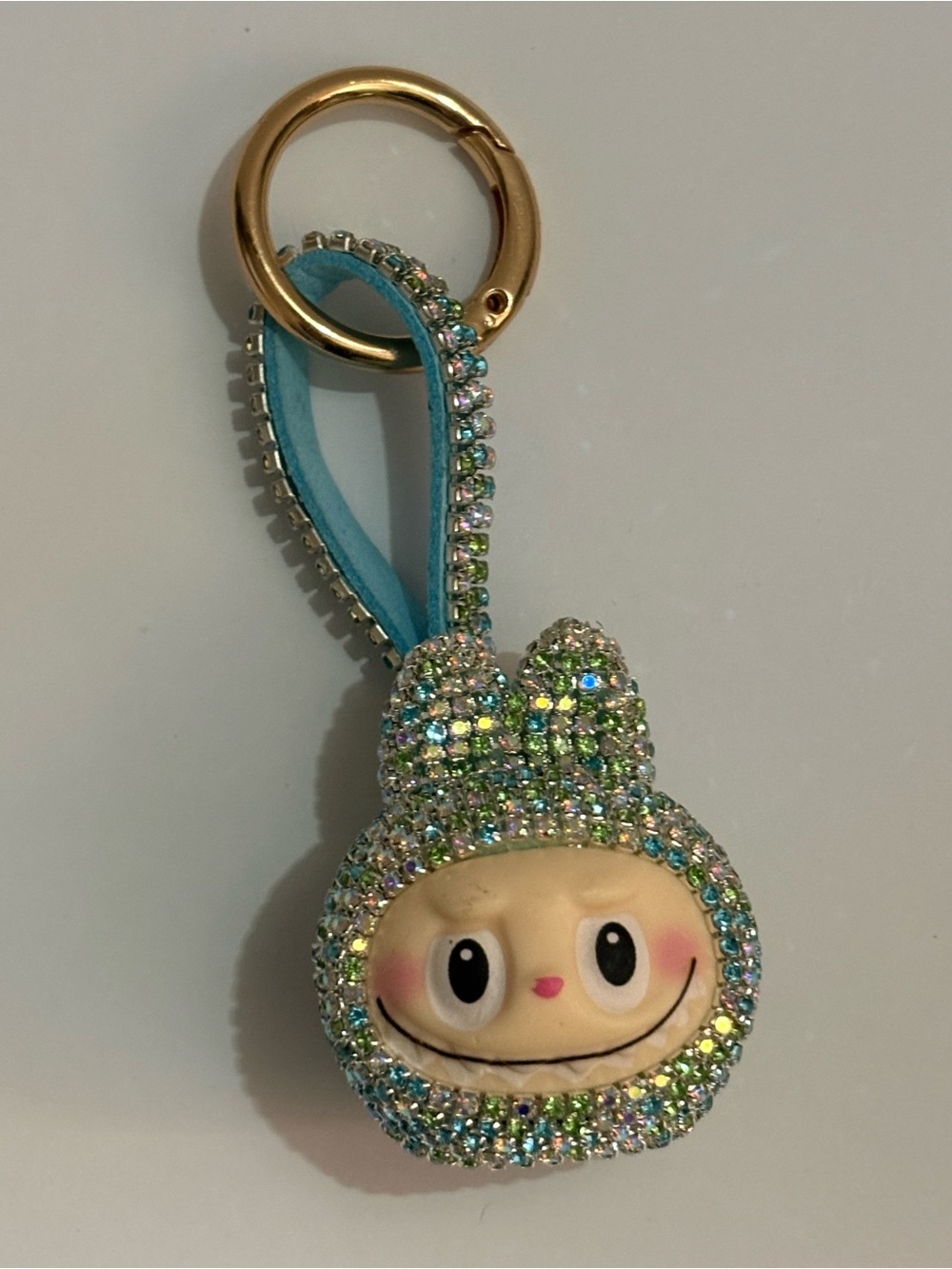 Kids Rhinestone Bunny Keychain Charm in Turquoise Blue
